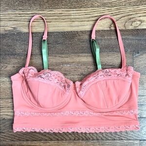 Anthropologie Eloise coral and Green Lace Trim Longline Bra